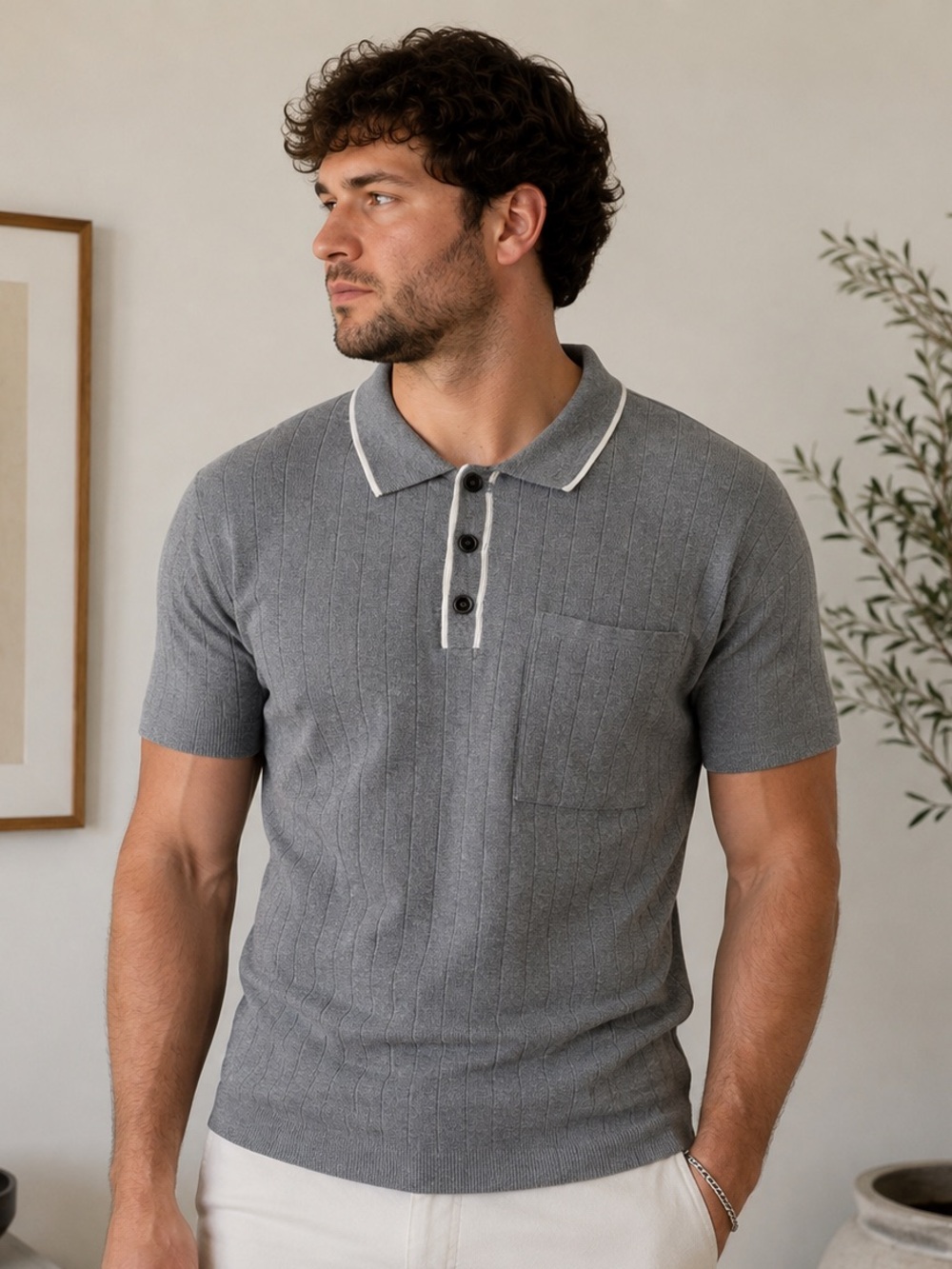 Projek Raw Rib Knit Polo Shirt Gray XXL Quiet Luxury Cotton Blend Stretch Preppy